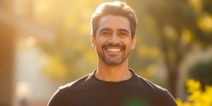 Adult with strong posture and confident smile.