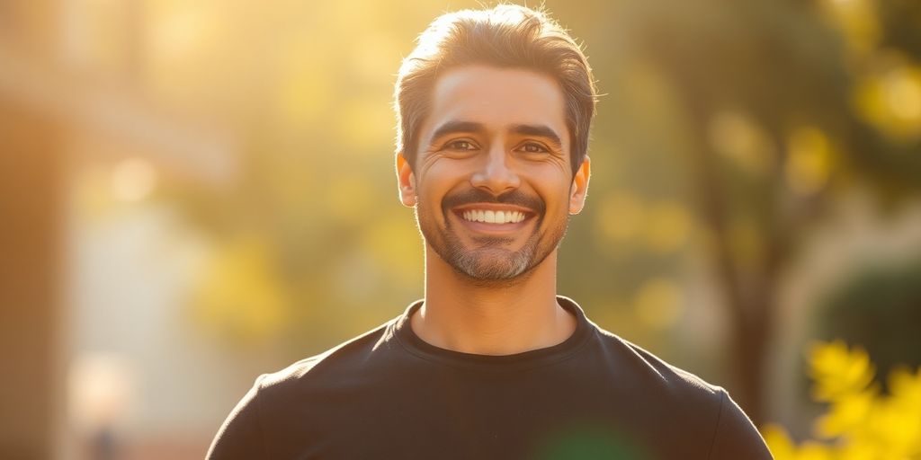Adult with strong posture and confident smile.
