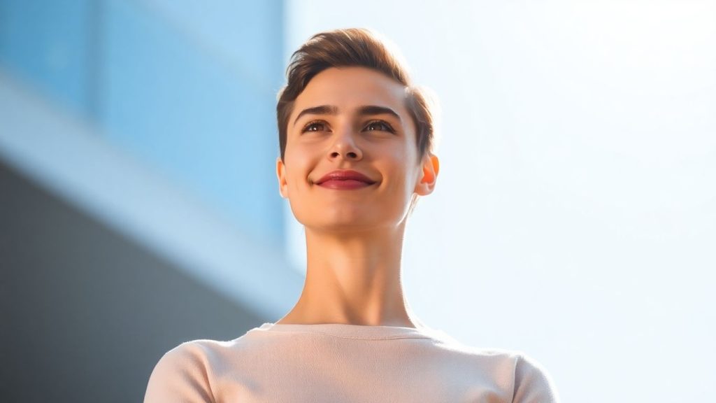 Person standing tall with confidence and a smile.