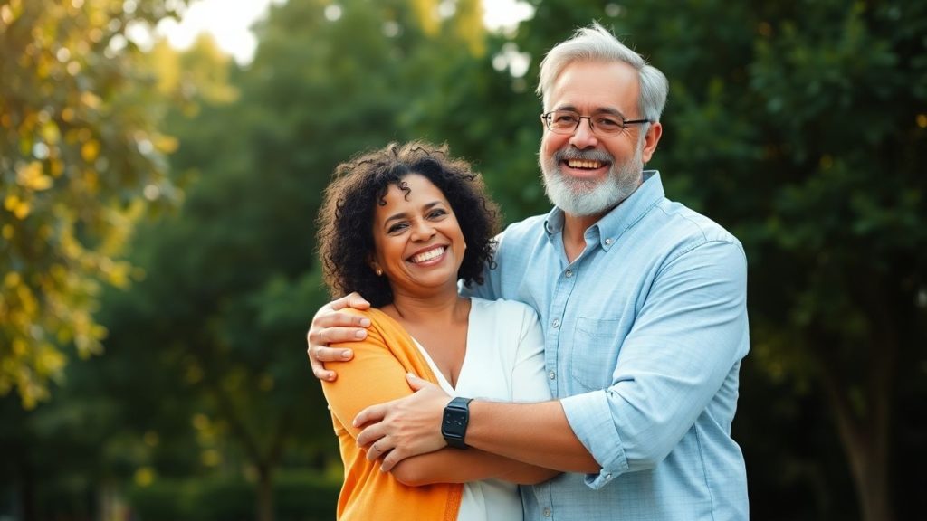 Couple embracing in a park, showing lasting love.