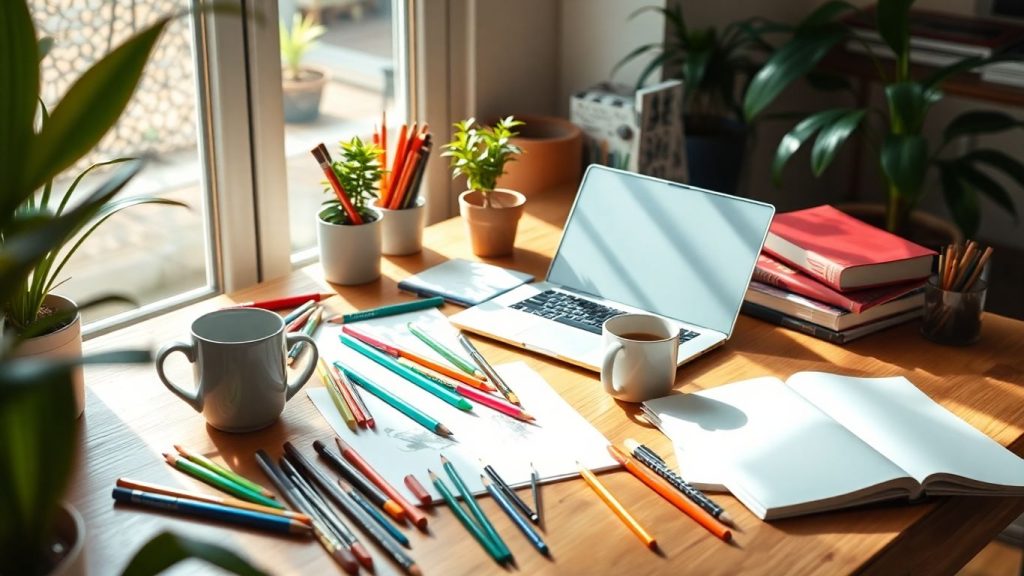 Creative workspace with art supplies, plants, and sunlight.