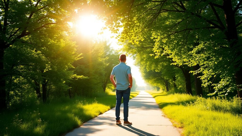 Person walking on a sunny path towards a bright horizon.