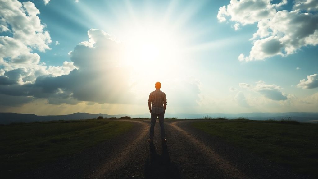 Person at crossroads looking towards a bright horizon.