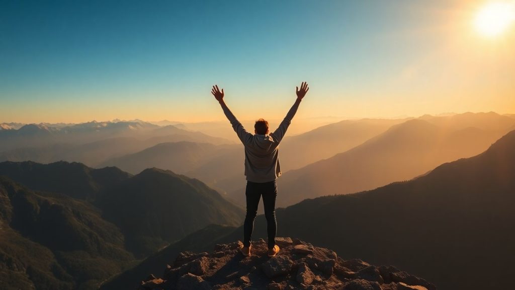 Person celebrating on a mountain peak at sunrise.