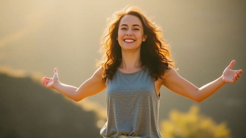 Person smiling confidently in sunlight.