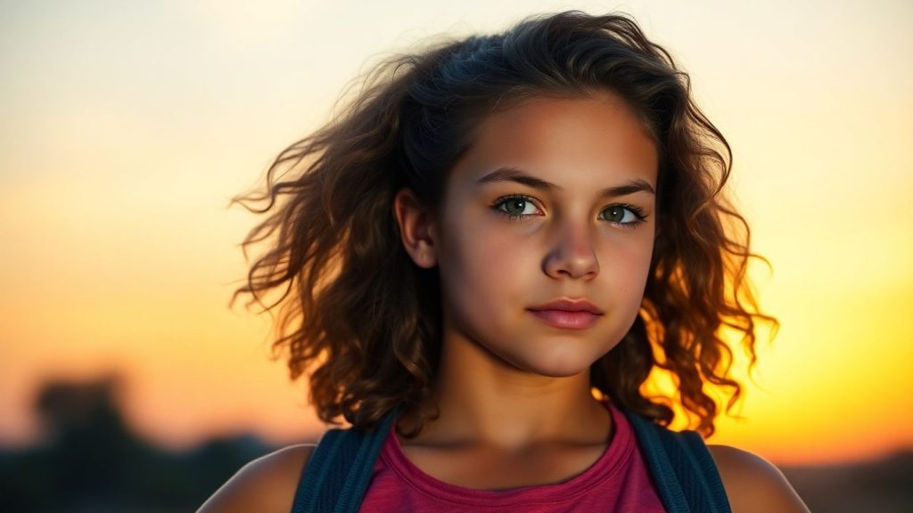 Teenage girl looking confident at sunrise.