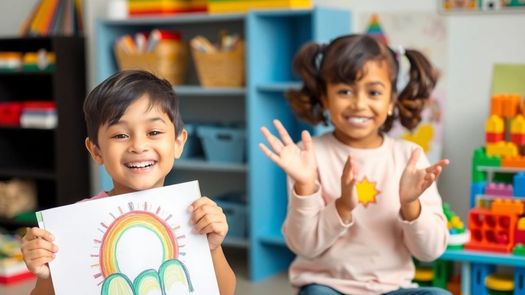 Preschooler proudly shows drawing, another child claps.