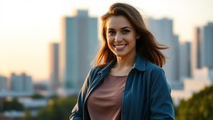 Confident adult standing outdoors at sunrise, smiling, hands on hips.