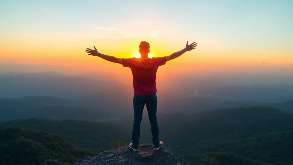 Person reaching for sunrise on mountaintop