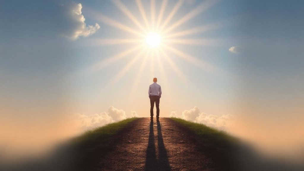 Person at crossroads looking towards a bright horizon.