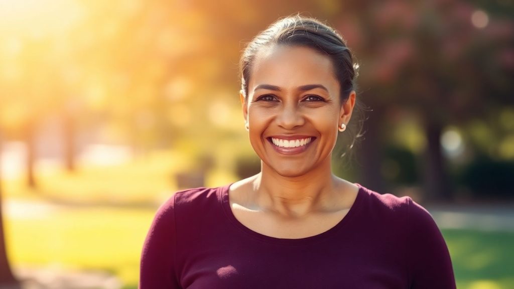 Confident adult woman smiling outdoors.
